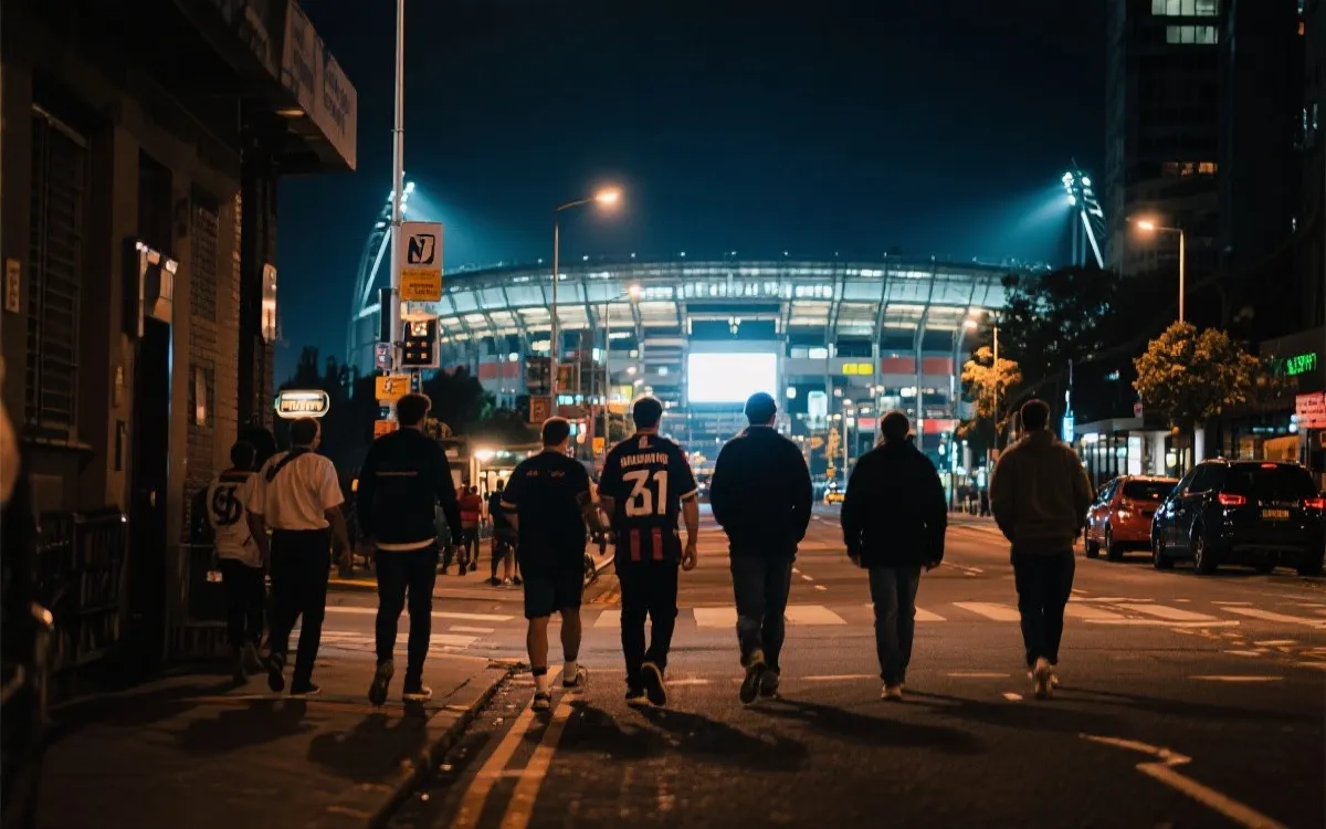 比赛日城市街区的球迷步行与夜景氛围