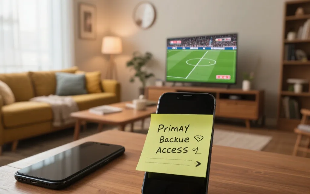 客厅电视播放足球比赛，手机作为备用直播入口与社交同步工具，桌上有便签写着主入口与备用入口